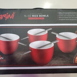 Red Ceramic Rice Bowls with Chopsticks Set
